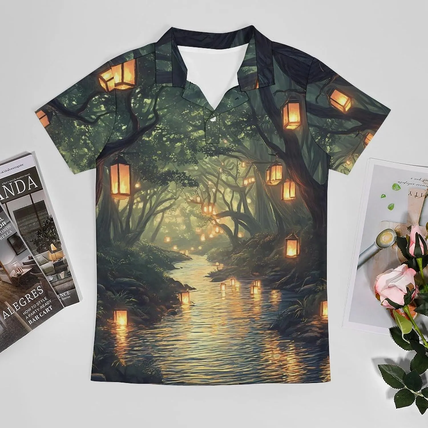 Lanterns Trees Spiritual River Men's Polo-Shirt Regular-Fit Short Sleeve Sports Quick Dry Golf Tennis T-Shirt