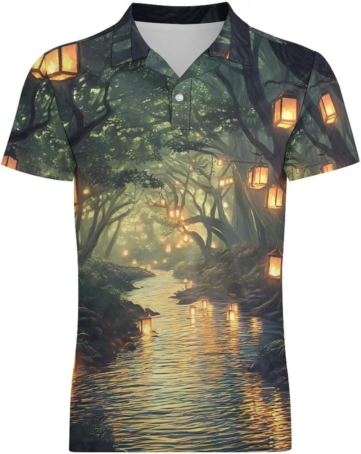 Lanterns Trees Spiritual River Men's Polo-Shirt Regular-Fit Short Sleeve Sports Quick Dry Golf Tennis T-Shirt