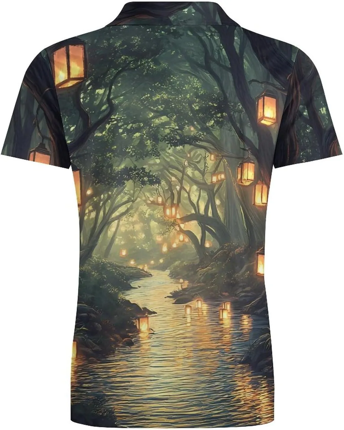 Lanterns Trees Spiritual River Men's Polo-Shirt Regular-Fit Short Sleeve Sports Quick Dry Golf Tennis T-Shirt