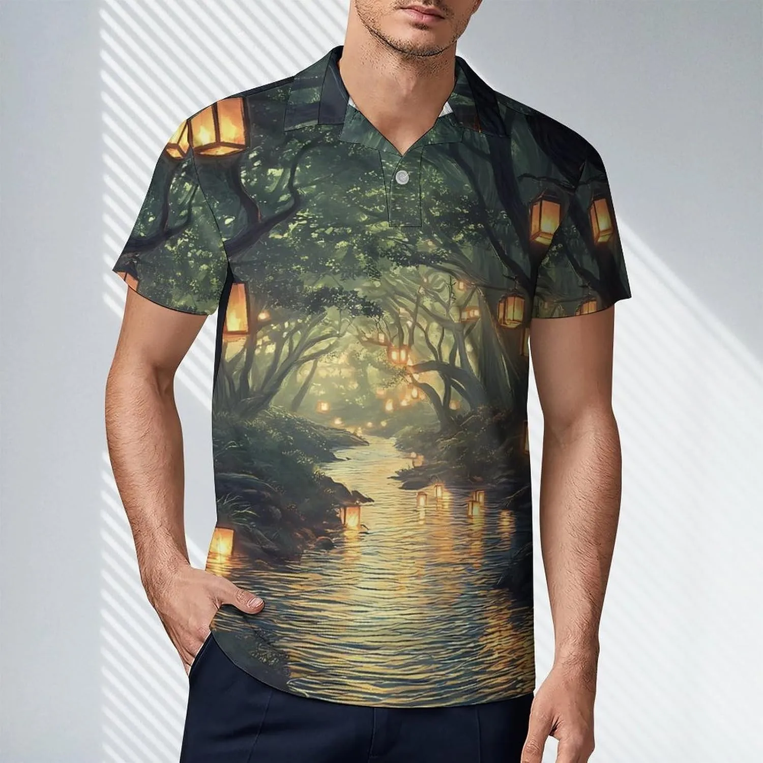 Lanterns Trees Spiritual River Men's Polo-Shirt Regular-Fit Short Sleeve Sports Quick Dry Golf Tennis T-Shirt