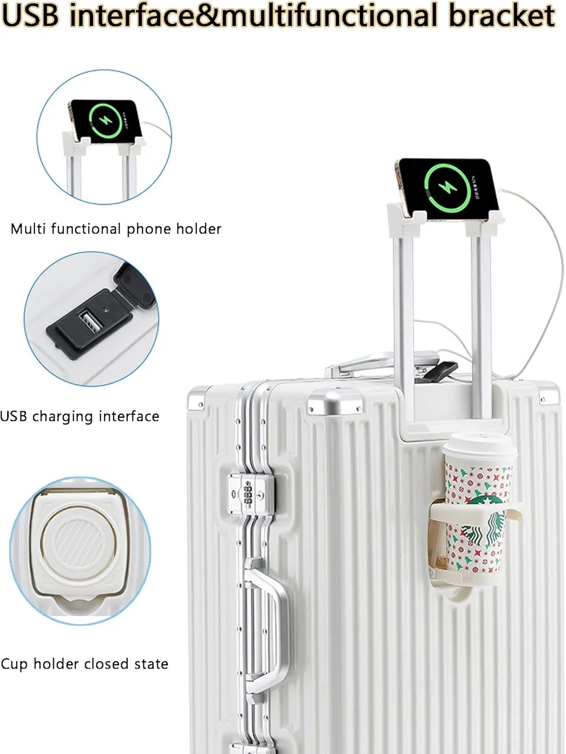 Large Suitcases with Wheels Carry on Luggage Hard Shell Suitcases with USB Charger Cup Holder TSA Password Lock,E,26in