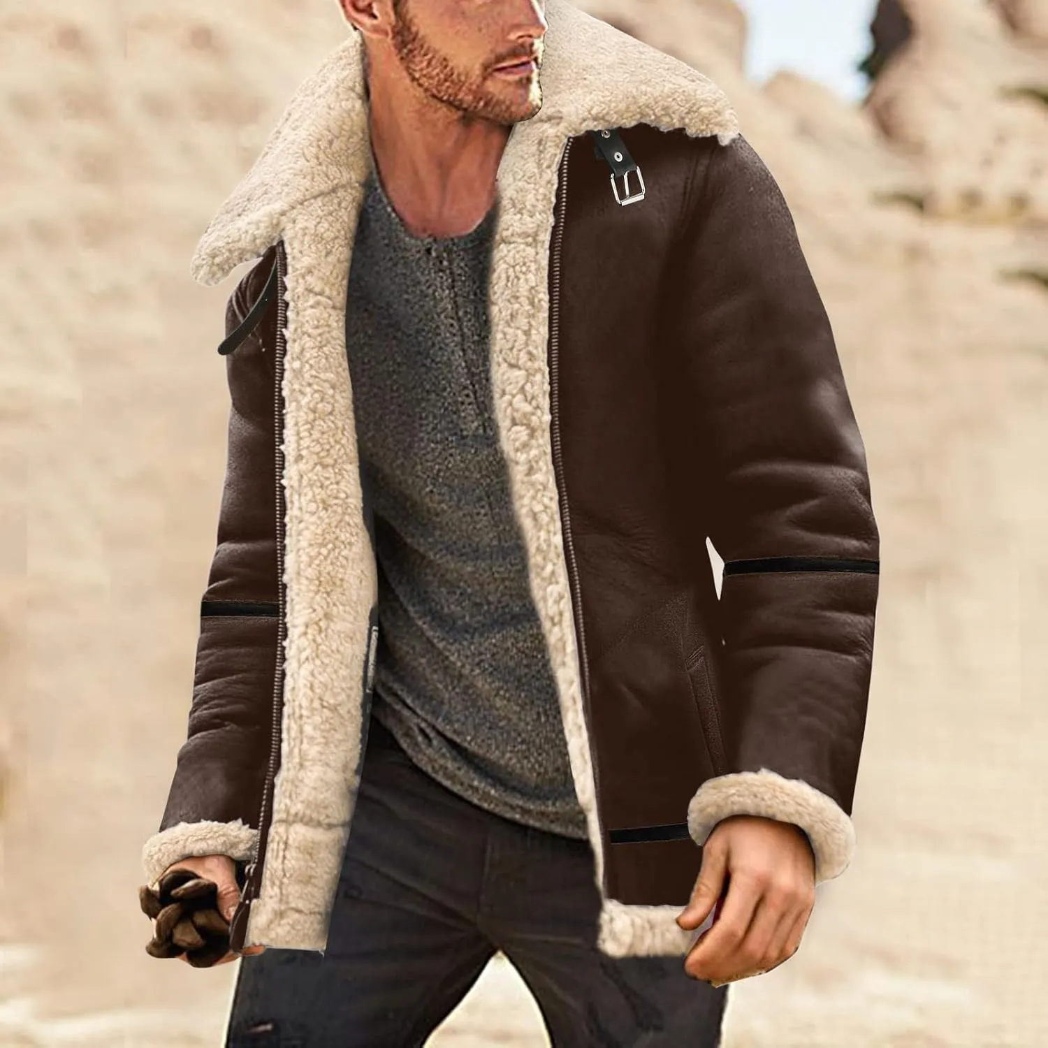 LCMTWX Men's Winter Thickened Warm Coats Solid Color Lapel Long Sleeve Coat Cardigan Plush Long Coat Mens Winter Coats