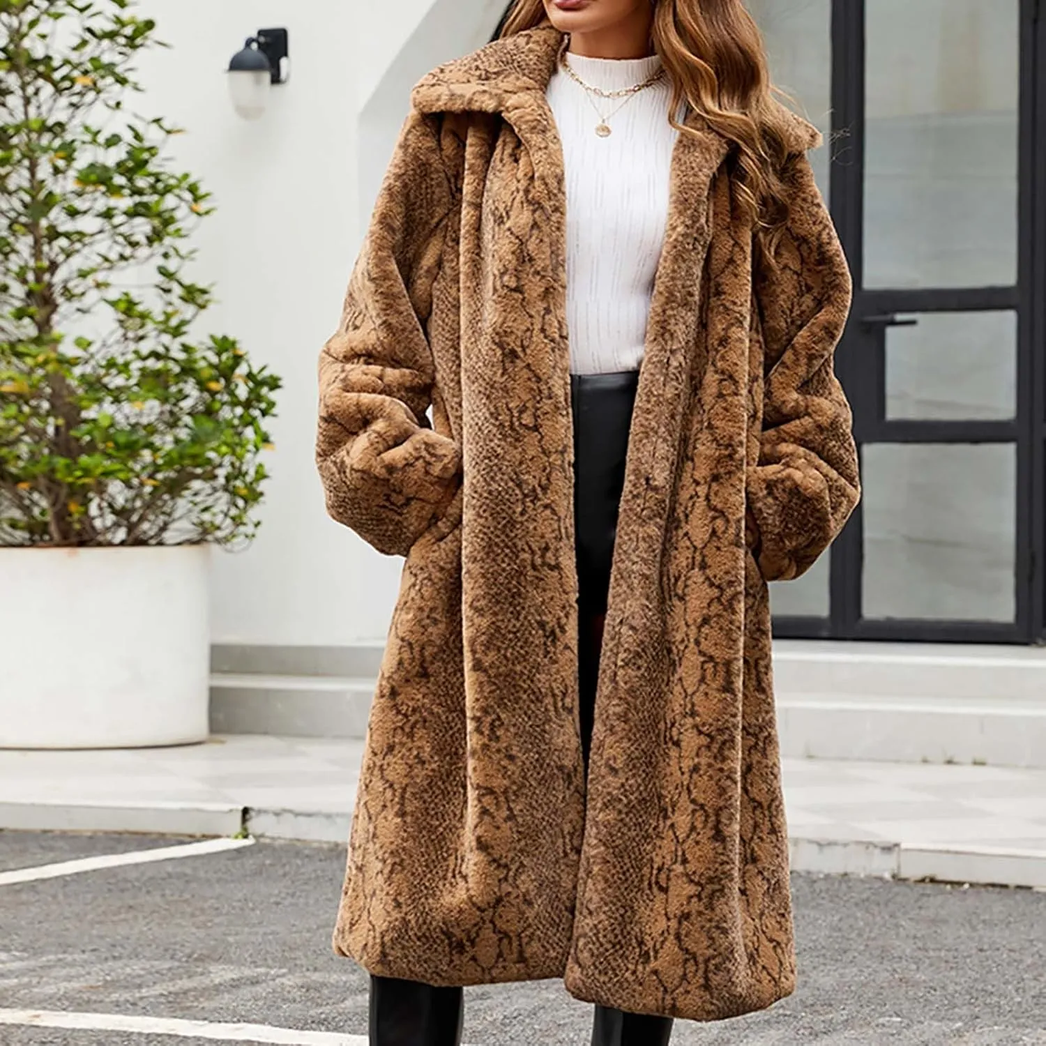 Leopard Print Cardigan for Women Winter Luxury Faux Fur Warm Coats Open Front Long Sleeve Dressy Shaggy Jackets