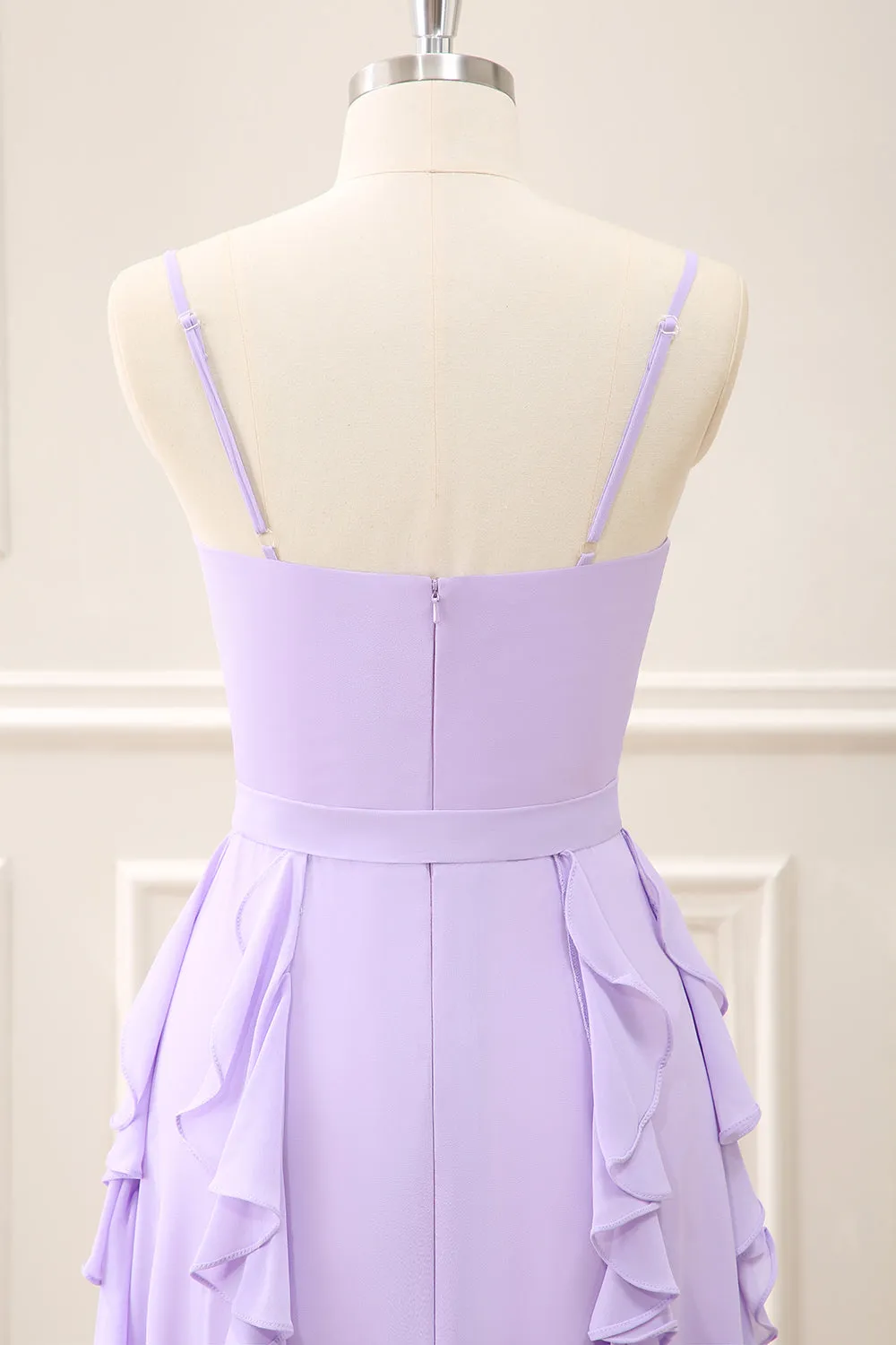 Lilac Spaghetti Straps Sheath Ruffles Bow Maxi Dress with Slit