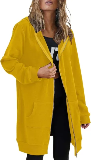 Long Hoodie for Women 2024 Casual Zip Up Drawstring Fleece Sweatshirt Oversized Jackets Coat Fall Clothes