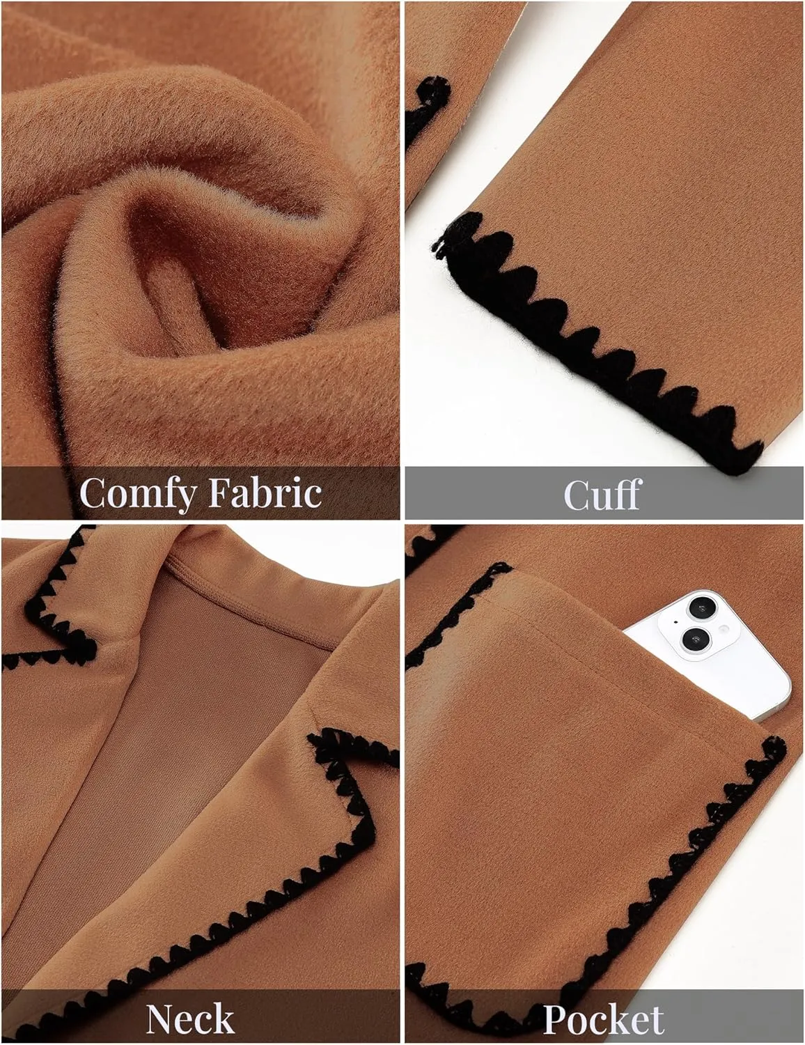 luvamia Pea Coats for Women Trendy Embroidered Contrast Trim Long Peacoat Jackets Lapel Button Winter Coat with Pockets