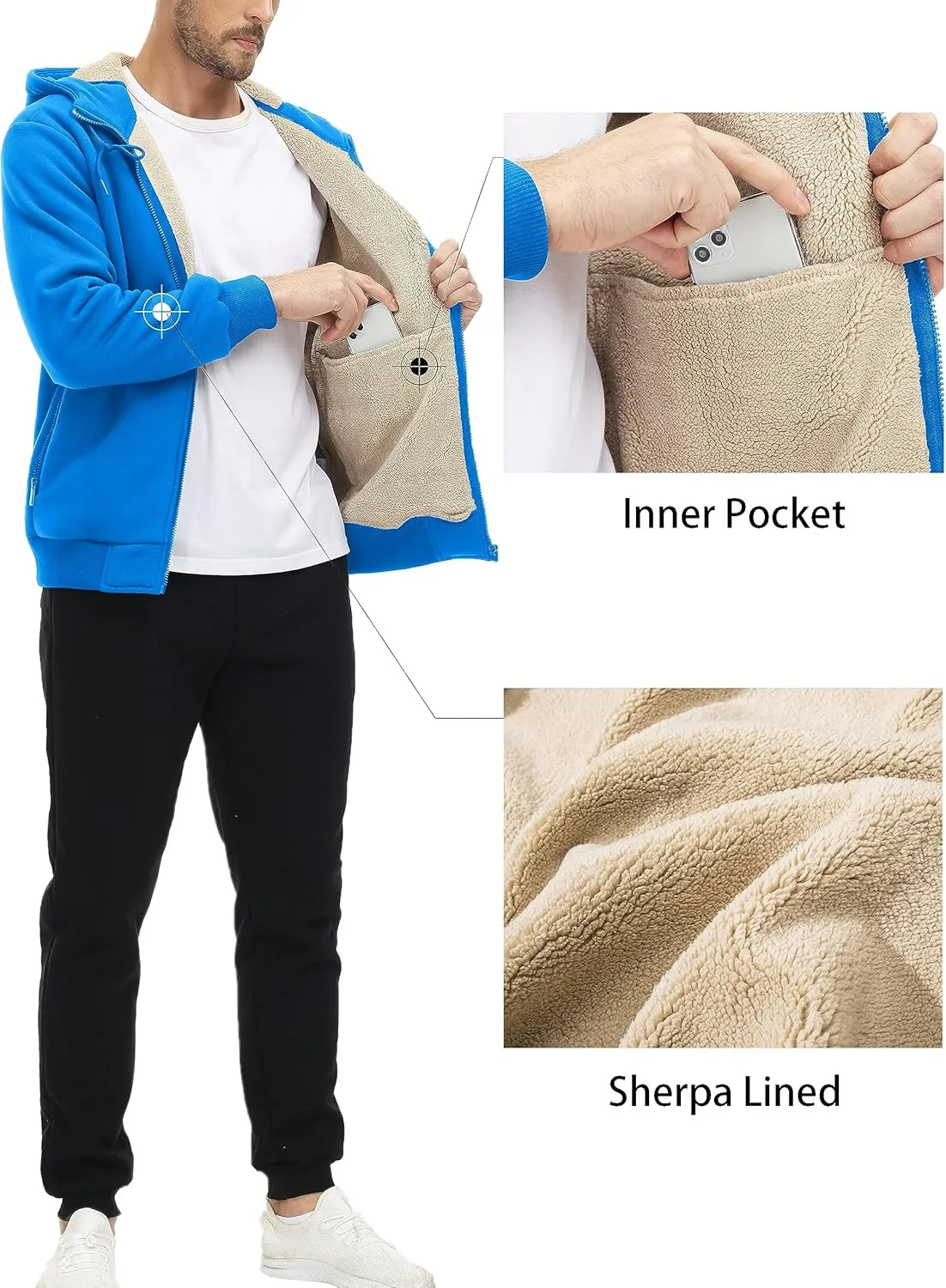 MAGCOMSEN Men's Fleece Hoodie Sherpa Jacket Full Zip Warm Fuzzy Windproof Winter Coats Hooded Outwear
