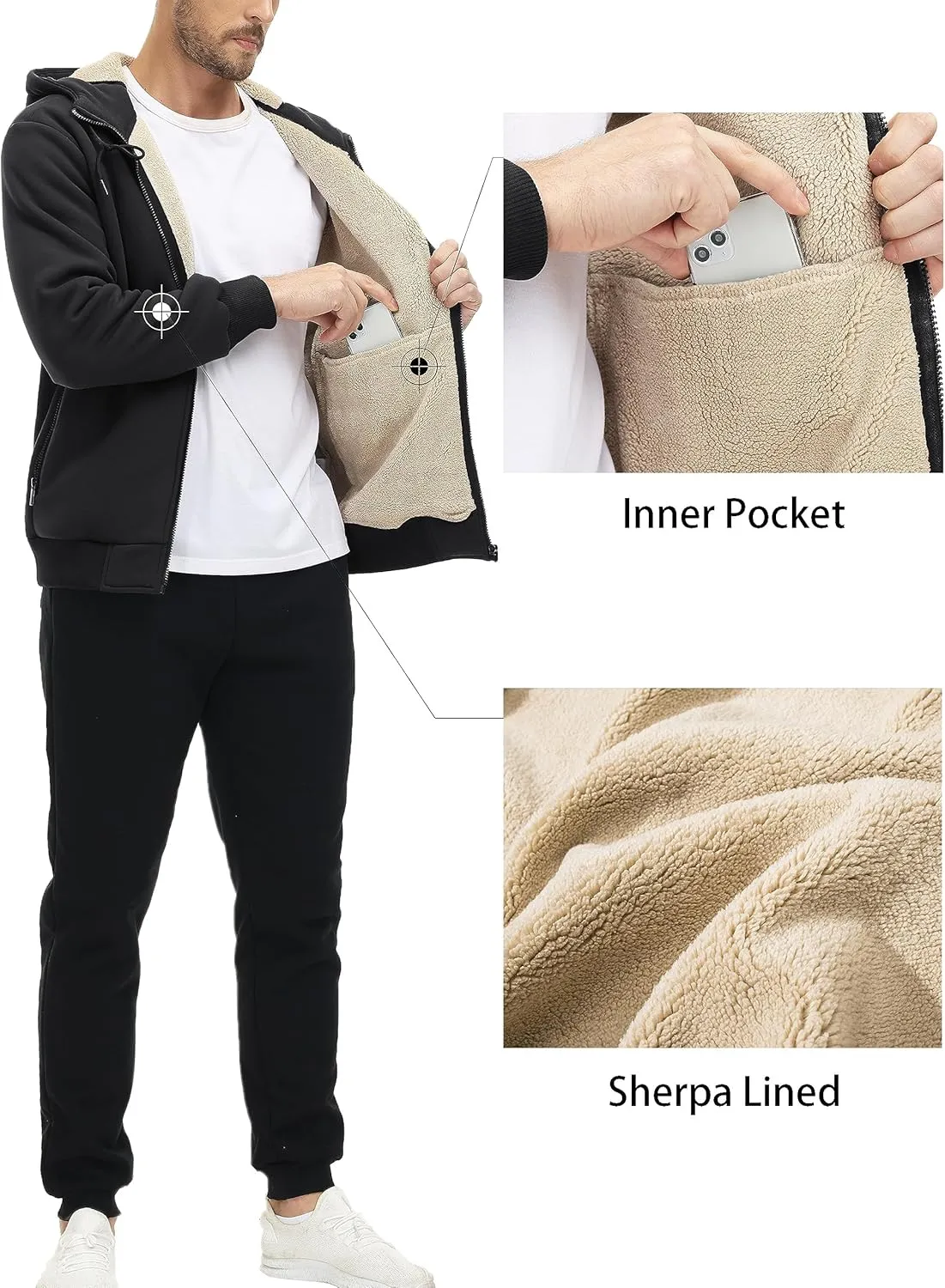 MAGCOMSEN Men's Fleece Hoodie Sherpa Jacket Full Zip Warm Fuzzy Windproof Winter Coats Hooded Outwear
