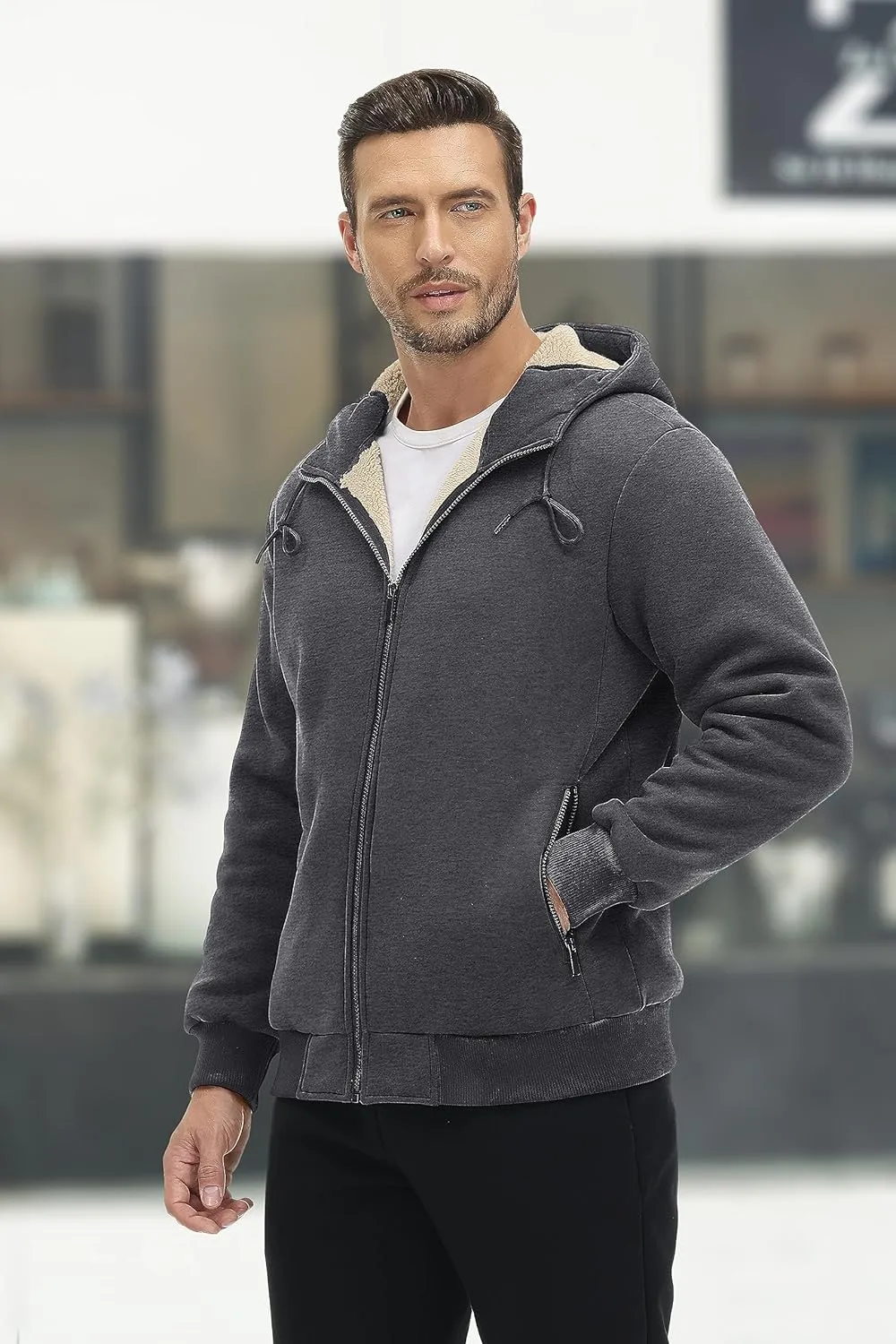MAGCOMSEN Men's Fleece Hoodie Sherpa Jacket Full Zip Warm Fuzzy Windproof Winter Coats Hooded Outwear