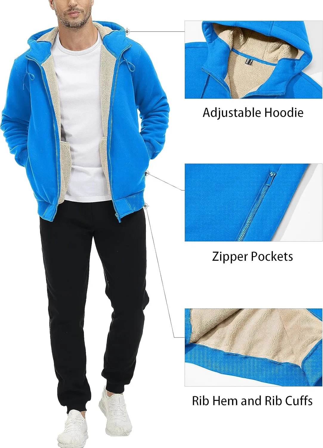 MAGCOMSEN Men's Fleece Hoodie Sherpa Jacket Full Zip Warm Fuzzy Windproof Winter Coats Hooded Outwear