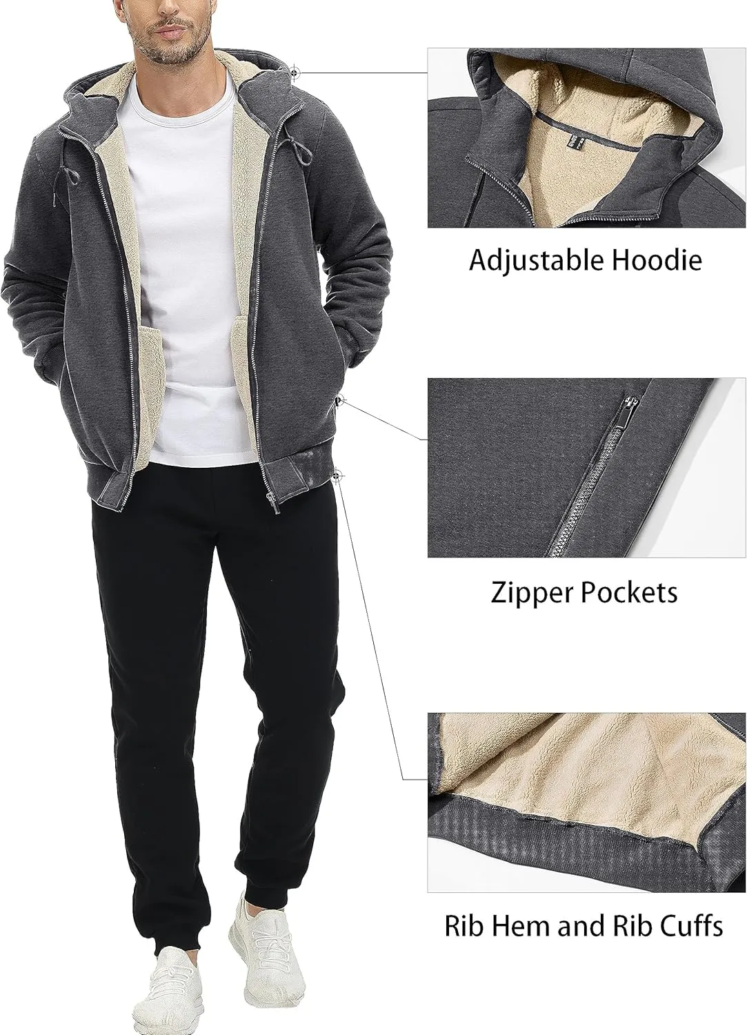 MAGCOMSEN Men's Fleece Hoodie Sherpa Jacket Full Zip Warm Fuzzy Windproof Winter Coats Hooded Outwear