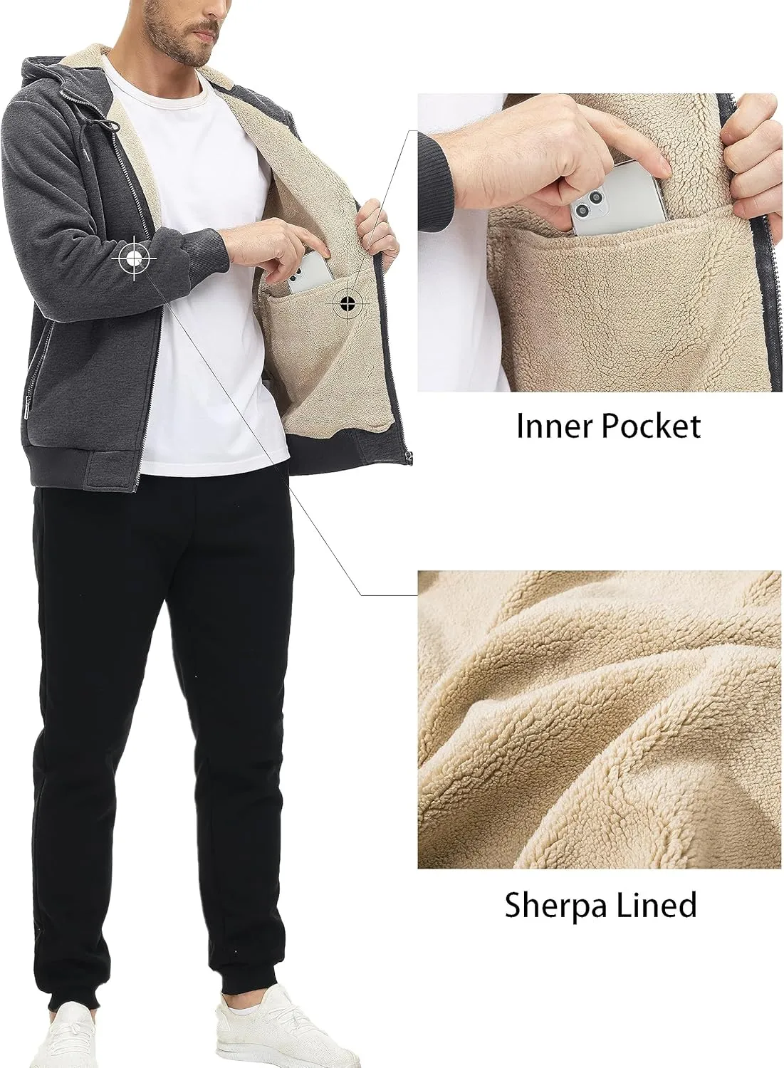 MAGCOMSEN Men's Fleece Hoodie Sherpa Jacket Full Zip Warm Fuzzy Windproof Winter Coats Hooded Outwear