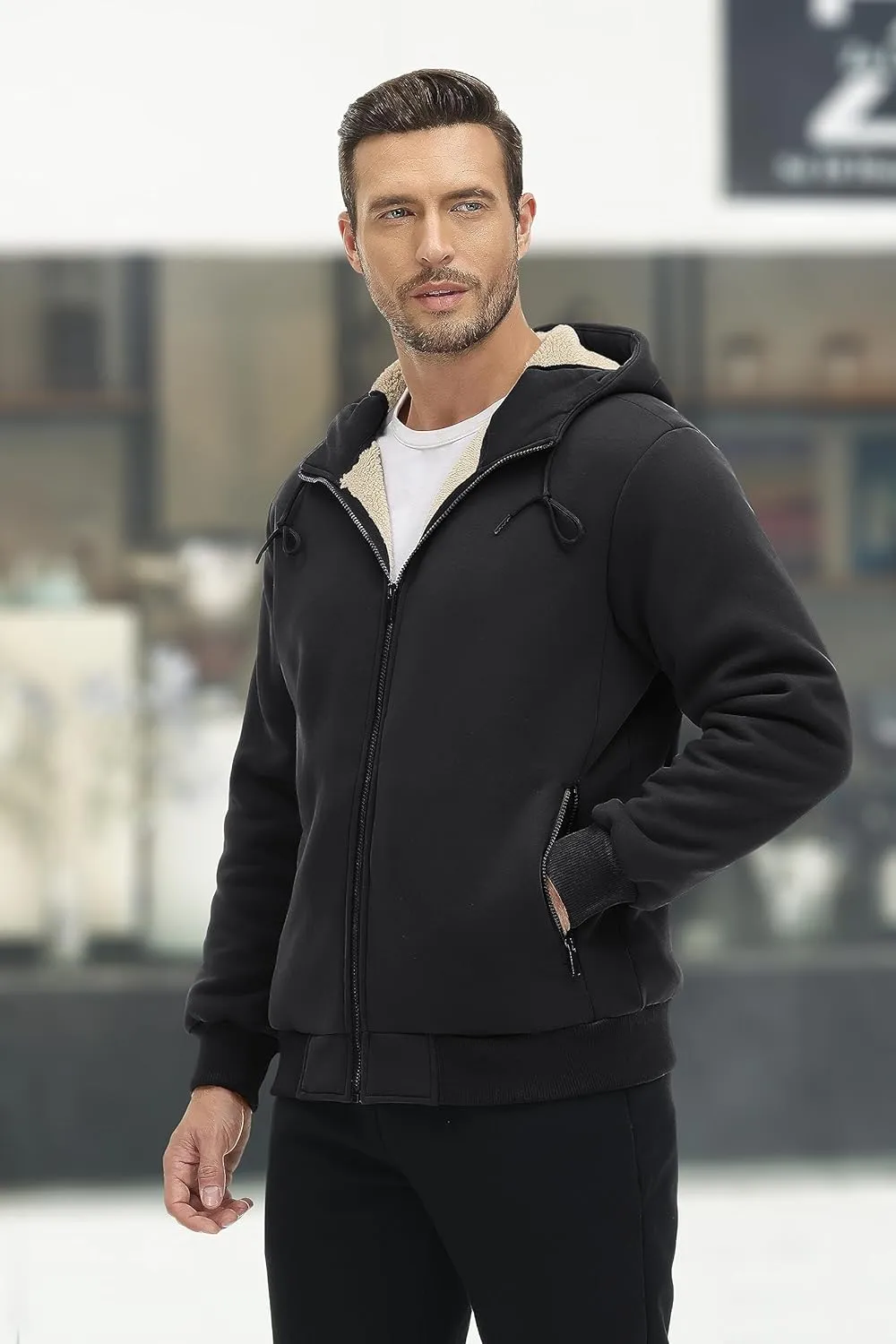 MAGCOMSEN Men's Fleece Hoodie Sherpa Jacket Full Zip Warm Fuzzy Windproof Winter Coats Hooded Outwear