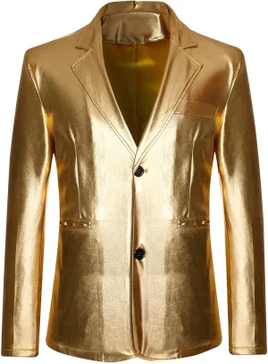 Men's 2024 Metallic Blazer Two Button Suit Jacket Notched Lapel Long Sleeve Shiny Sport Coat Party Club Suit Blazer