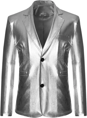 Men's 2024 Metallic Blazer Two Button Suit Jacket Notched Lapel Long Sleeve Shiny Sport Coat Party Club Suit Blazer