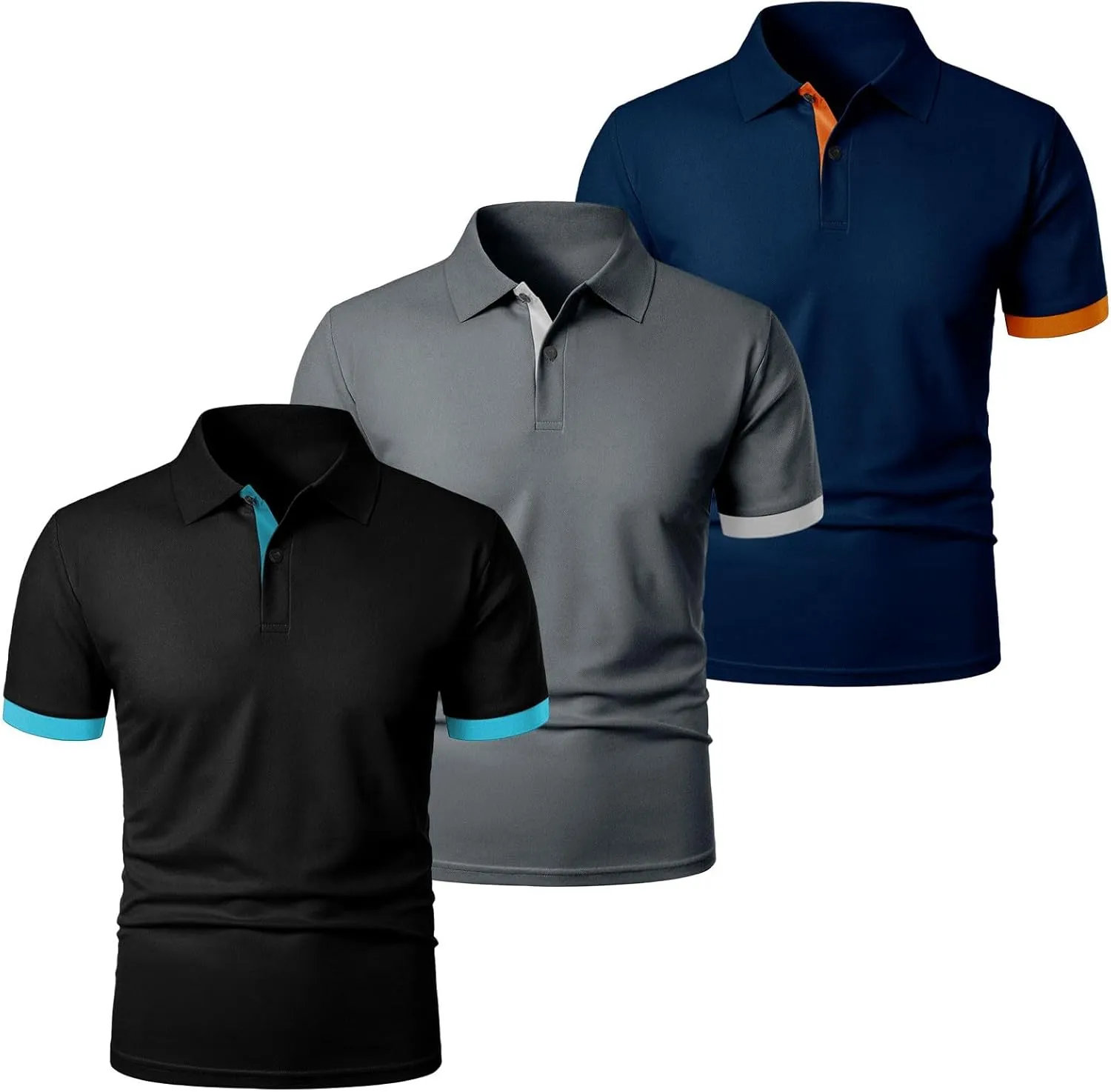 Mens 3 Pack Polo Shirts Quick Dry Performance Short Sleeve Button Up Golf Shirts Work Summer Casual Lightweight Tops