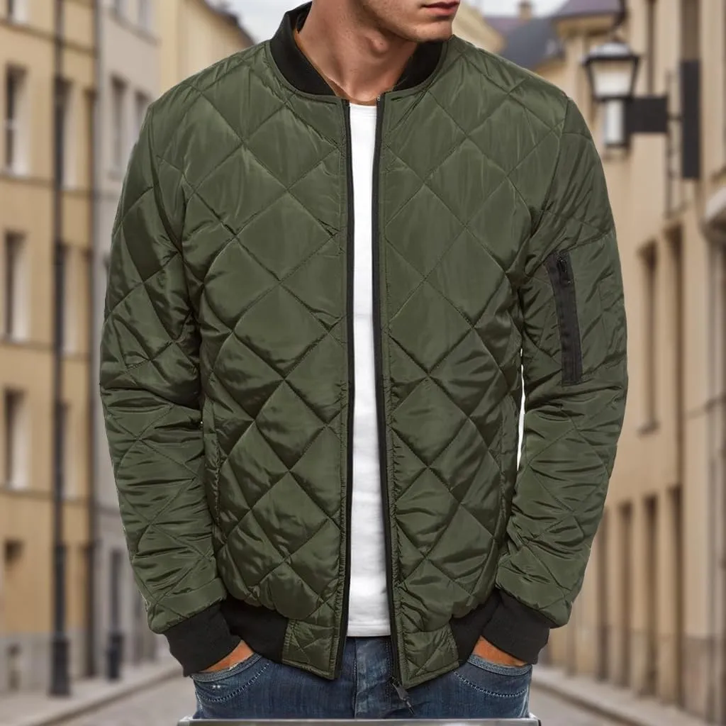 Mens Bomber Jackets Diamond Quilted Fall Winter Rib Varsity Lightweight Jacket Warm Padded Coats Outwear with Pockets