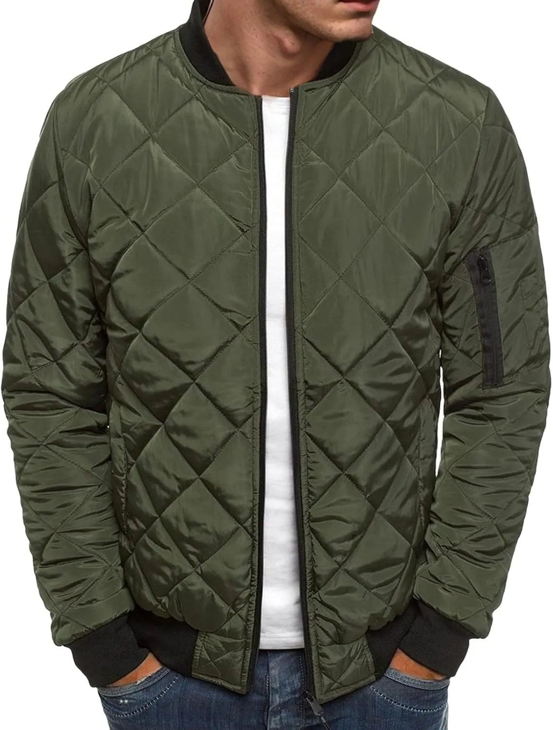 Mens Bomber Jackets Diamond Quilted Fall Winter Rib Varsity Lightweight Jacket Warm Padded Coats Outwear with Pockets