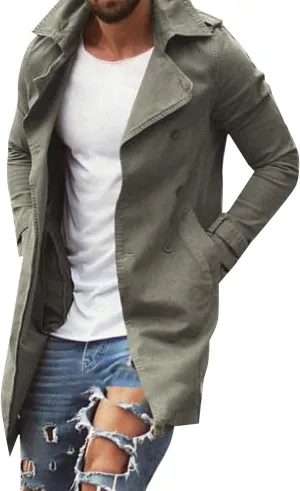 Mens Casual Long Trench Coat Men's Long Sleeved Mid Length Slim Fit Oversized Windbreaker Casual Cotton Blend coat