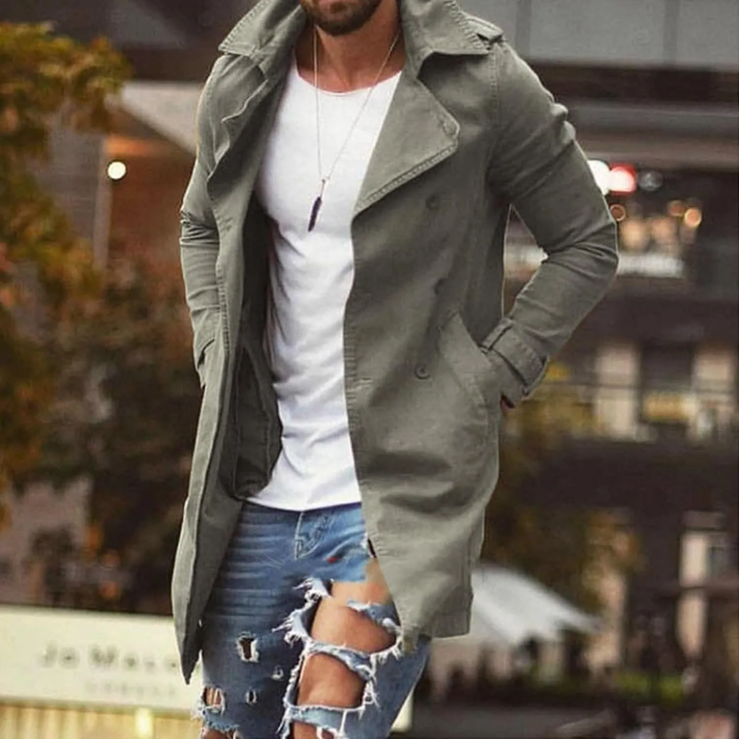 Mens Casual Long Trench Coat Men's Long Sleeved Mid Length Slim Fit Oversized Windbreaker Casual Cotton Blend coat