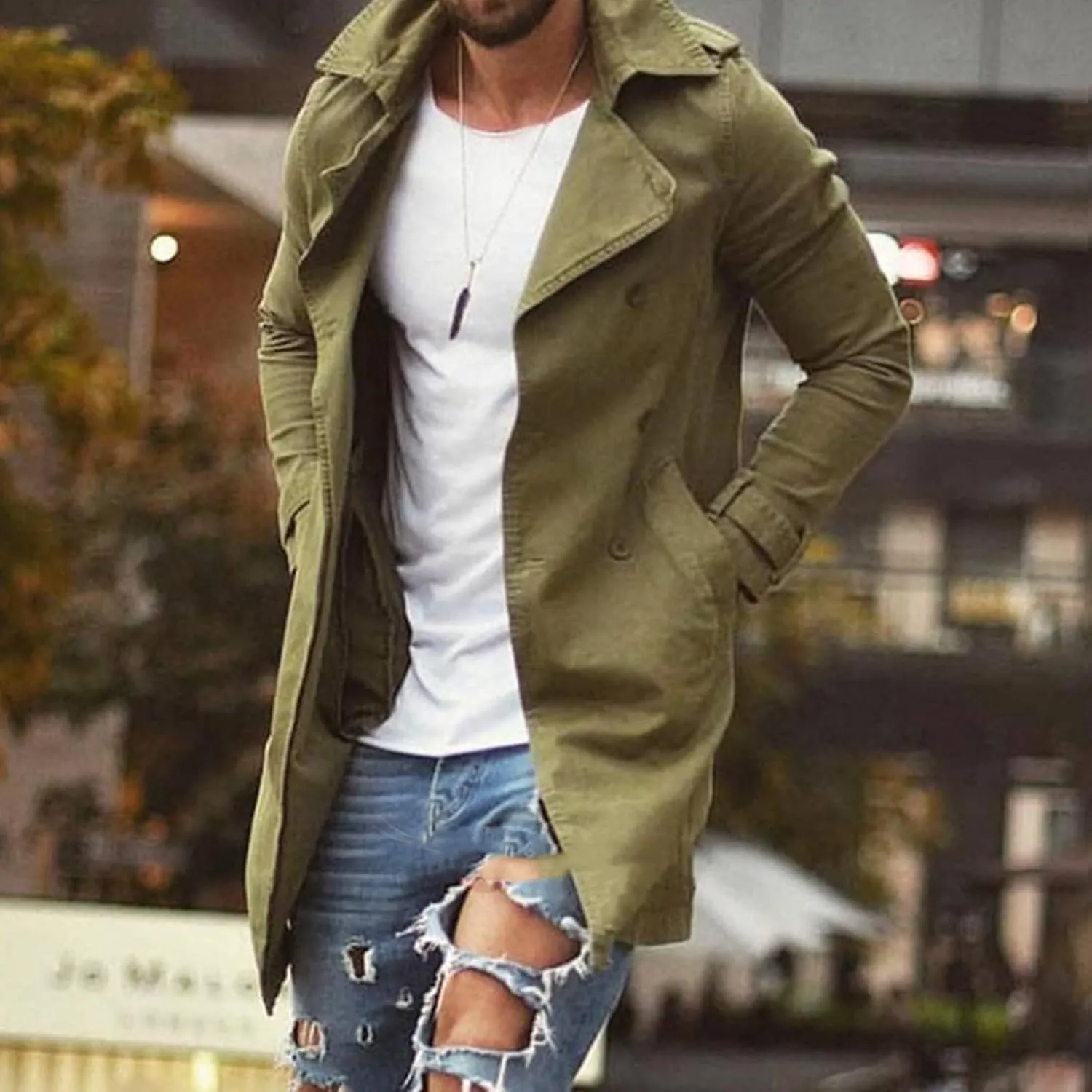 Mens Casual Long Trench Coat Men's Long Sleeved Mid Length Slim Fit Oversized Windbreaker Casual Cotton Blend coat