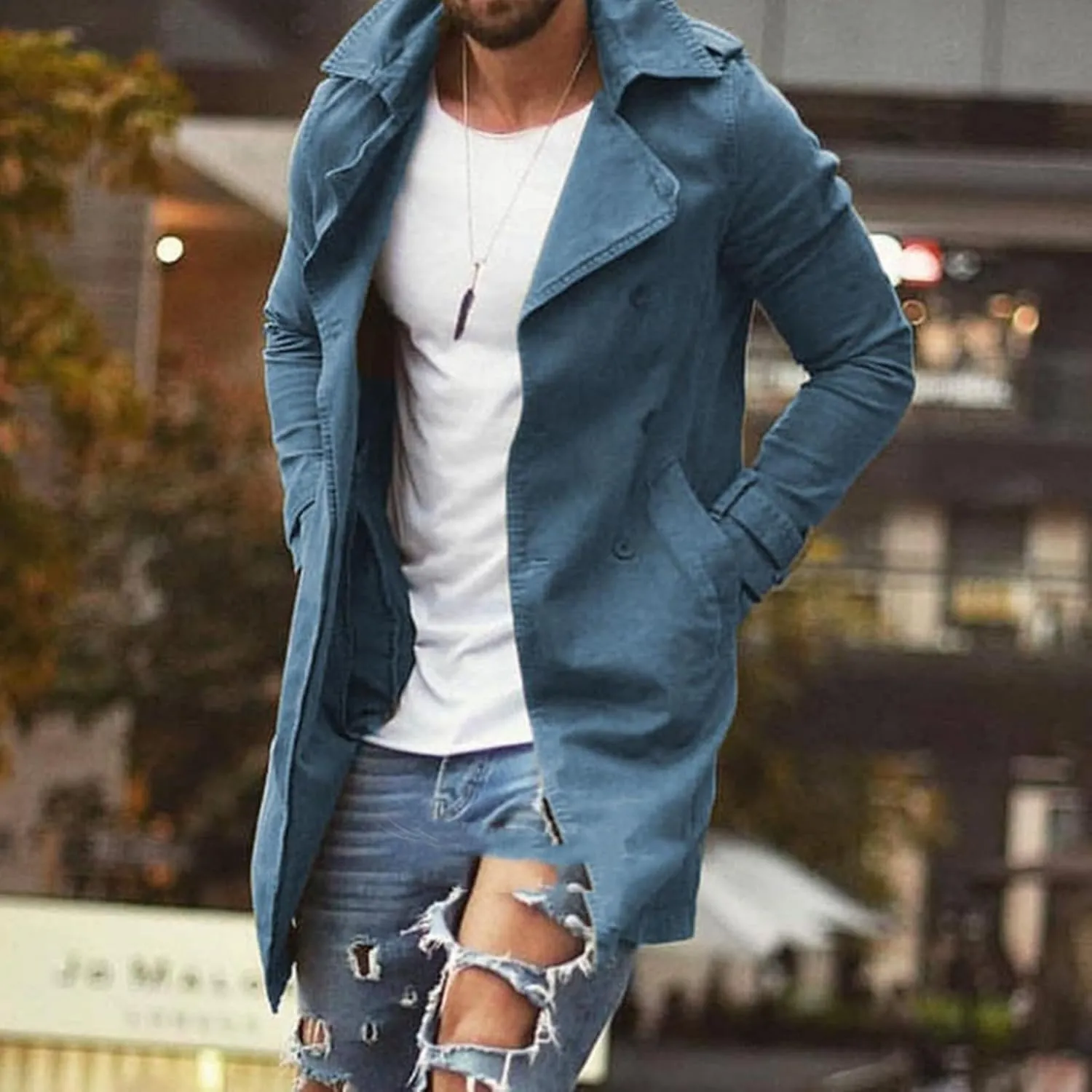Mens Casual Long Trench Coat Men's Long Sleeved Mid Length Slim Fit Oversized Windbreaker Casual Cotton Blend coat