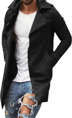 Mens Casual Long Trench Coat Men's Long Sleeved Mid Length Slim Fit Oversized Windbreaker Casual Cotton Blend coat
