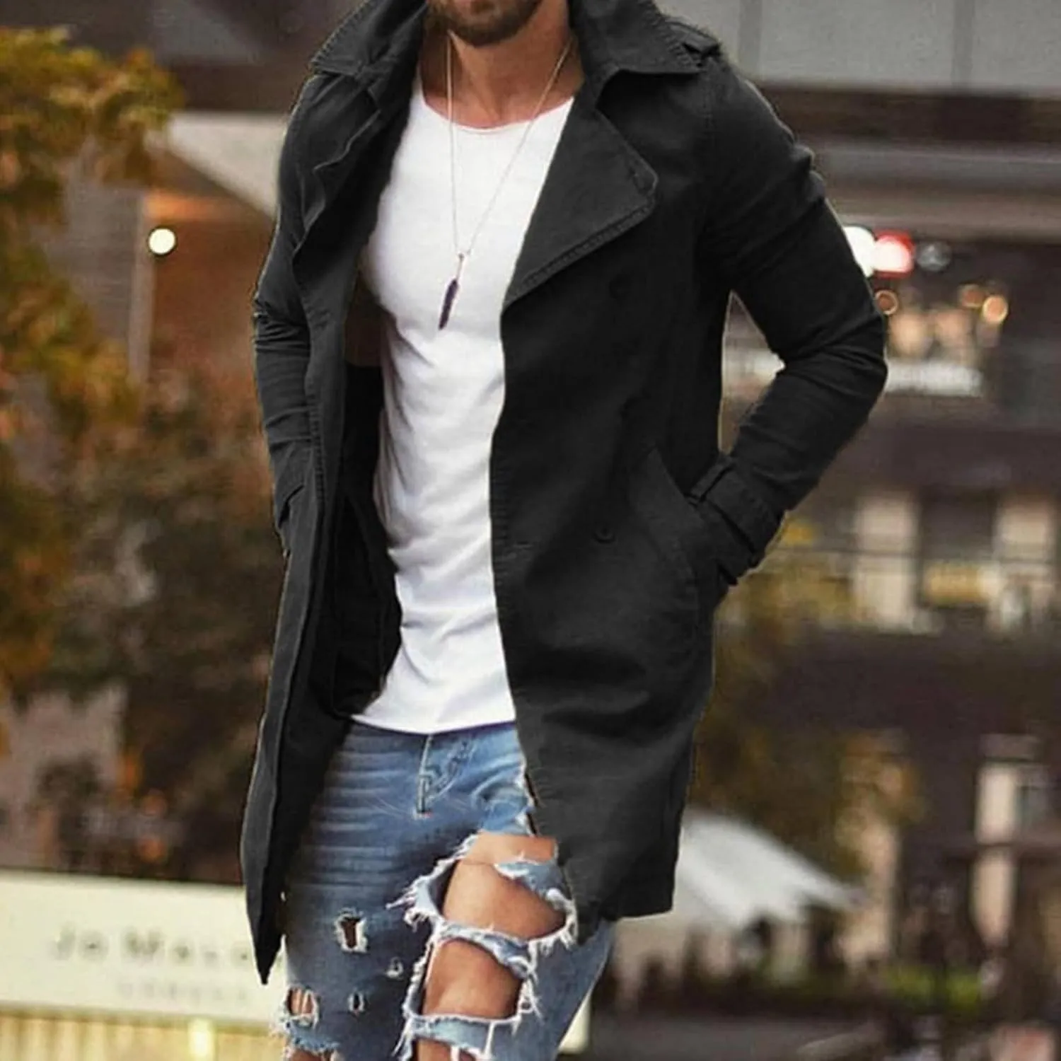 Mens Casual Long Trench Coat Men's Long Sleeved Mid Length Slim Fit Oversized Windbreaker Casual Cotton Blend coat