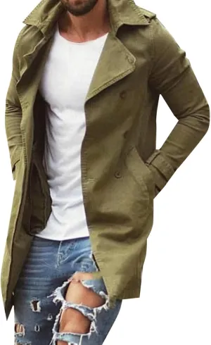 Mens Casual Long Trench Coat Men's Long Sleeved Mid Length Slim Fit Oversized Windbreaker Casual Cotton Blend coat