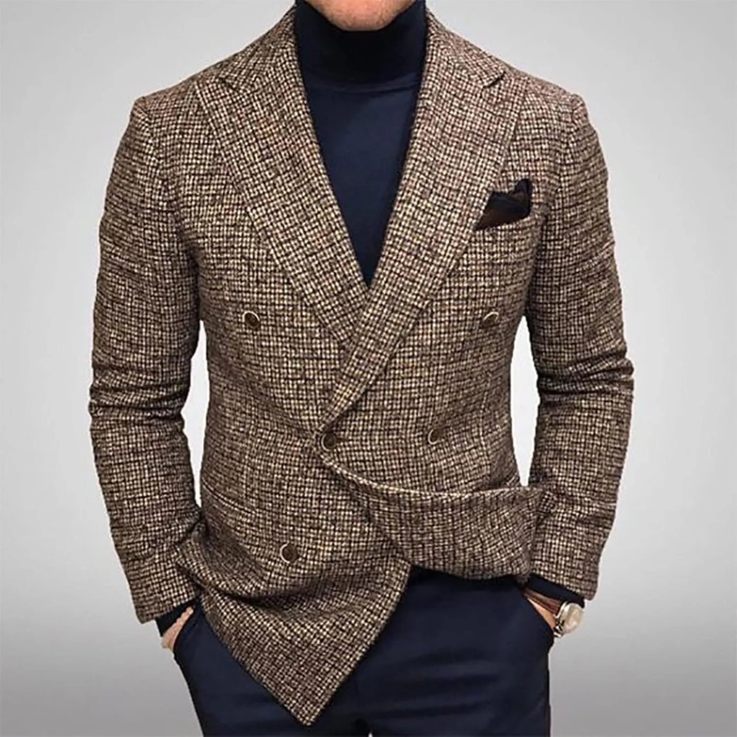 Men's Casual Sport Coat Slim Fit Lightweight Double Breasted Plaid Blazer Jacket Stylish Two Button Suit Jackets