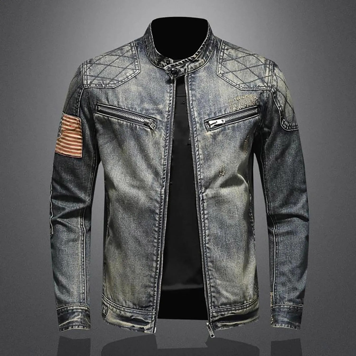 Men's Denim Jacket Fashion Punk Style Hipster Streetwear Coat Zip Pocket Stand Collar Plus Size Cargo Outwear Tops