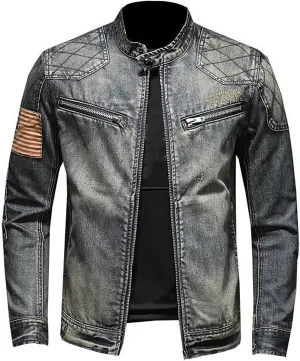 Men's Denim Jacket Fashion Punk Style Hipster Streetwear Coat Zip Pocket Stand Collar Plus Size Cargo Outwear Tops