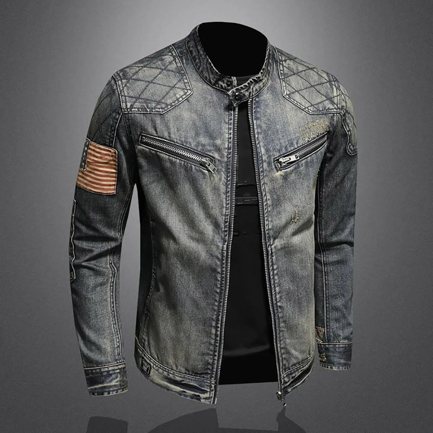Men's Denim Jacket Fashion Punk Style Hipster Streetwear Coat Zip Pocket Stand Collar Plus Size Cargo Outwear Tops