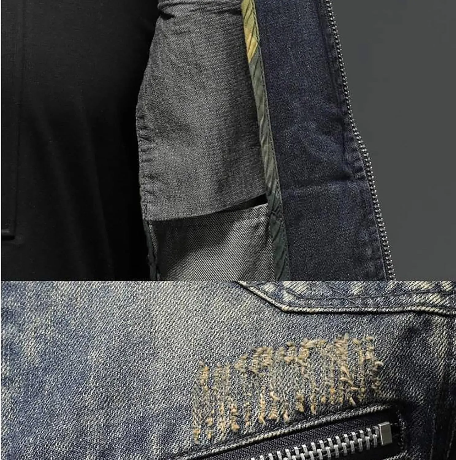 Men's Denim Jacket Fashion Punk Style Hipster Streetwear Coat Zip Pocket Stand Collar Plus Size Cargo Outwear Tops