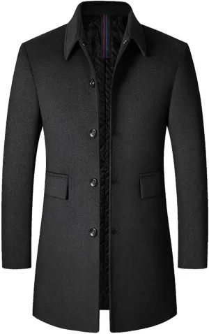 Men's Double Breasted Trench Coat Solid Color Long Sleeved Stand-collar Trench Fit Formal Mid-Length Classic Top