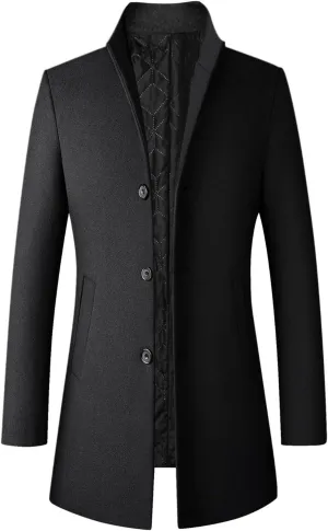 Men's Double Breasted Trench Coat Solid Color Long Sleeved Stand-collar Trench Fit Formal Mid-Length Classic Top