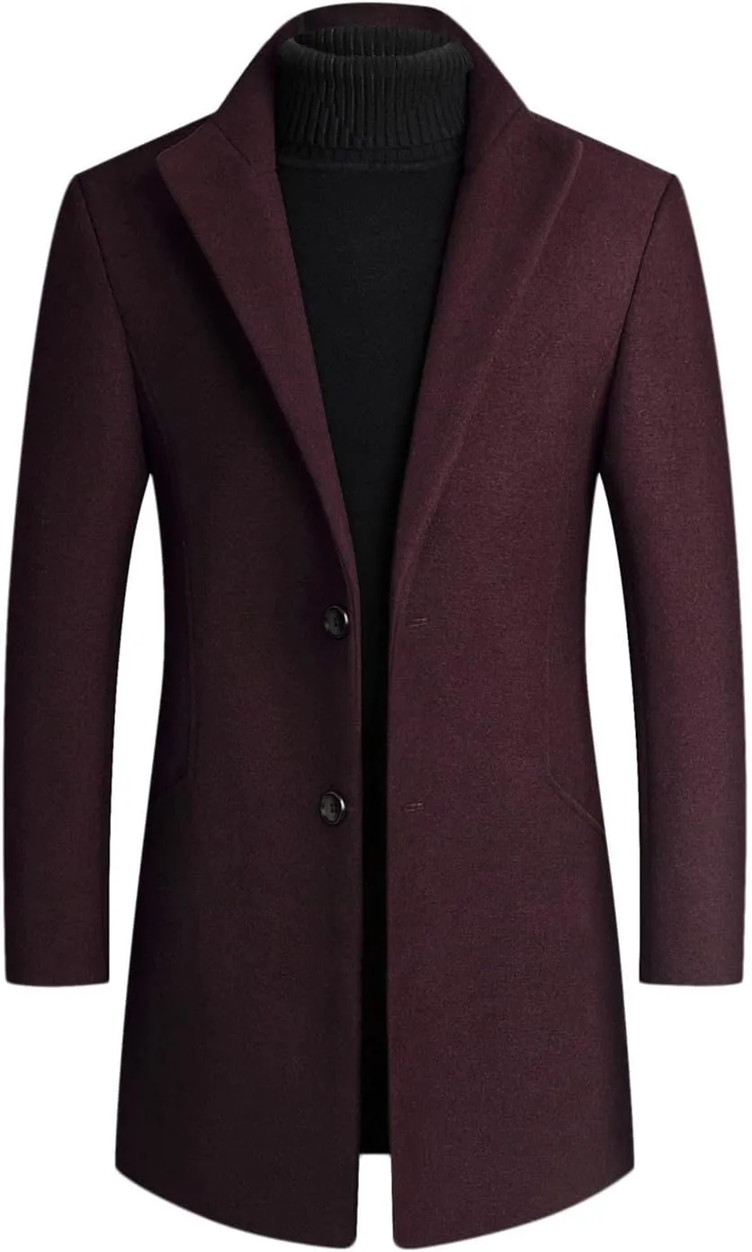 Men's Double Breasted Trench Coat Solid Color Long Sleeved Stand-collar Trench Fit Formal Mid-Length Classic Top