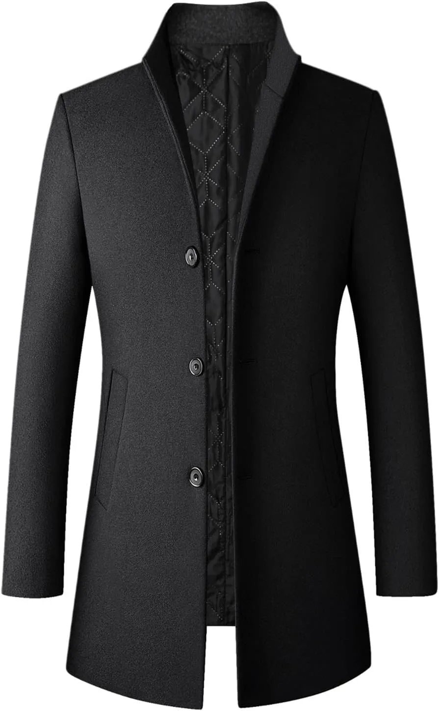 Men's Double Breasted Trench Coat Solid Color Long Sleeved Stand-collar Trench Fit Formal Mid-Length Classic Top