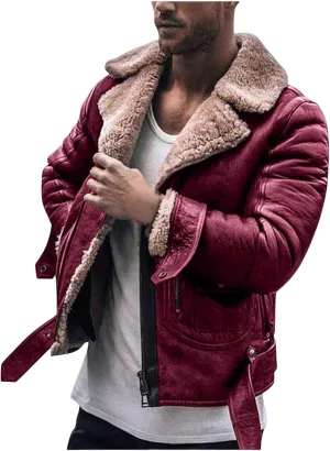 Mens Fur Coat Fleece Sherpa Lined Warm Winter Coats Suede Leather Flight Bomber Jacket Overcoat with Faux Fur Collar