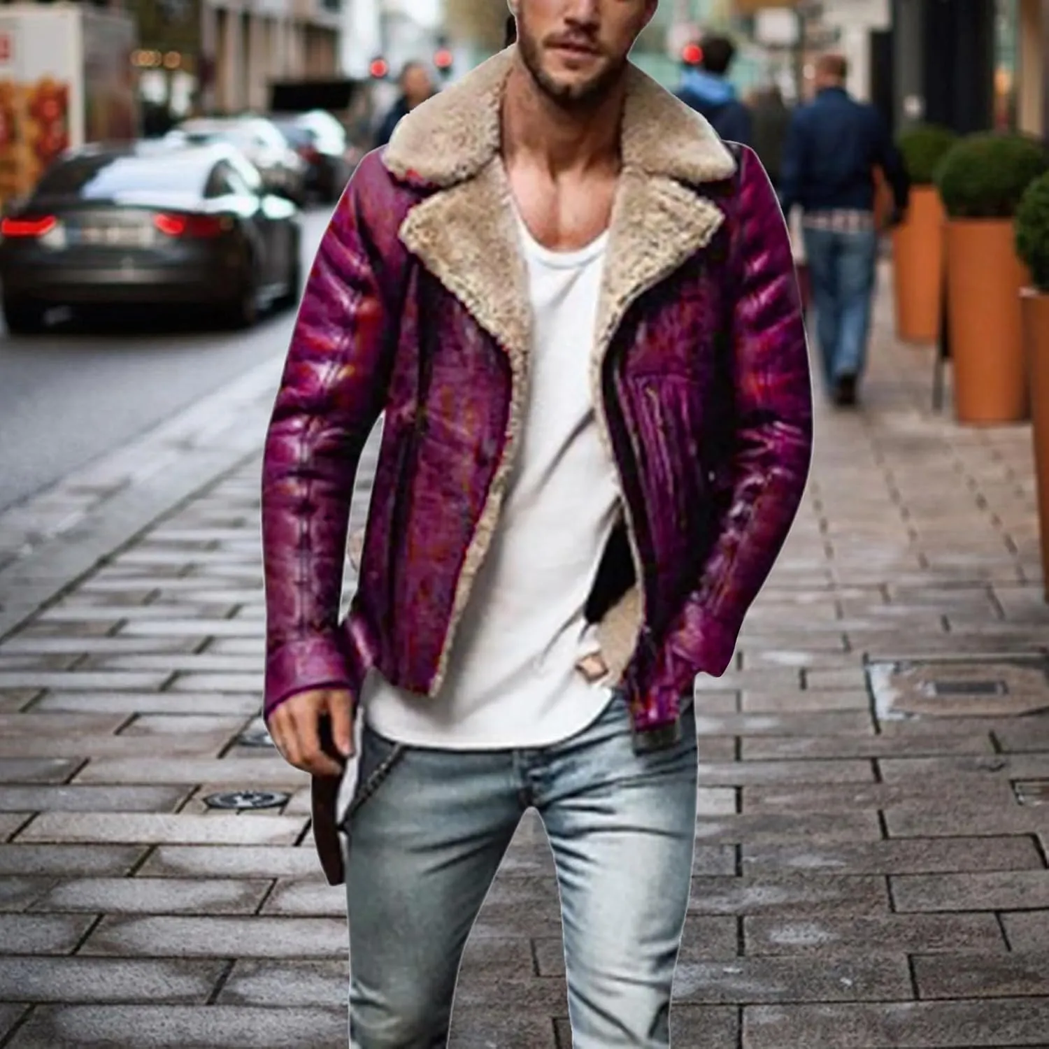 Mens Fur Coat Fleece Sherpa Lined Warm Winter Coats Suede Leather Flight Bomber Jacket Overcoat with Faux Fur Collar