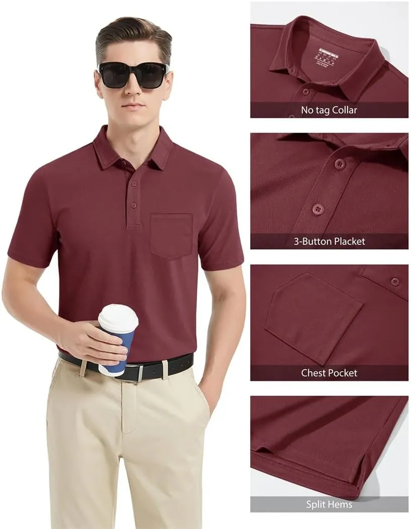 Men's Golf Polo Shirts Short Sleeve Quick Dry Lightweight T-Shirts Chest Pocket Breathable Tops