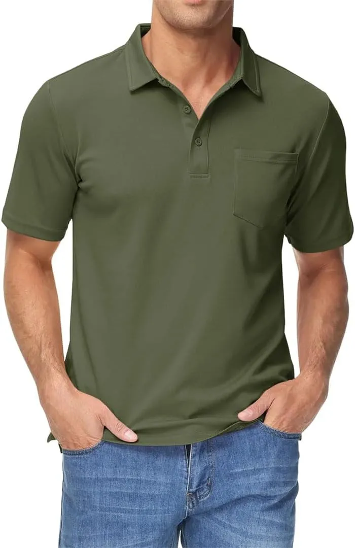 Men's Golf Polo Shirts Short Sleeve Quick Dry Lightweight T-Shirts Chest Pocket Breathable Tops