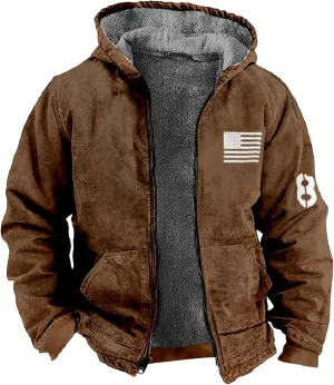 Mens Hoodies Zip Up Fleece Jacket Thick Retro Flag Print Hoodie Sherpa Lined Winter Coat Fall Fashion Hoodie