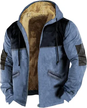 Mens Hoodies Zip Up Fleece Jacket Thick Retro Flag Print Hoodie Sherpa Lined Winter Coat Fall Fashion Hoodie