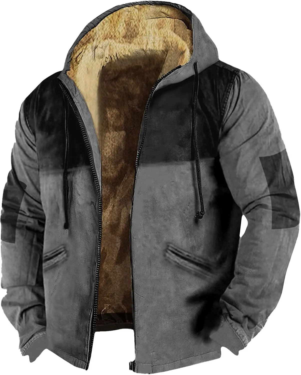 Mens Hoodies Zip Up Fleece Jacket Thick Retro Flag Print Hoodie Sherpa Lined Winter Coat Fall Fashion Hoodie