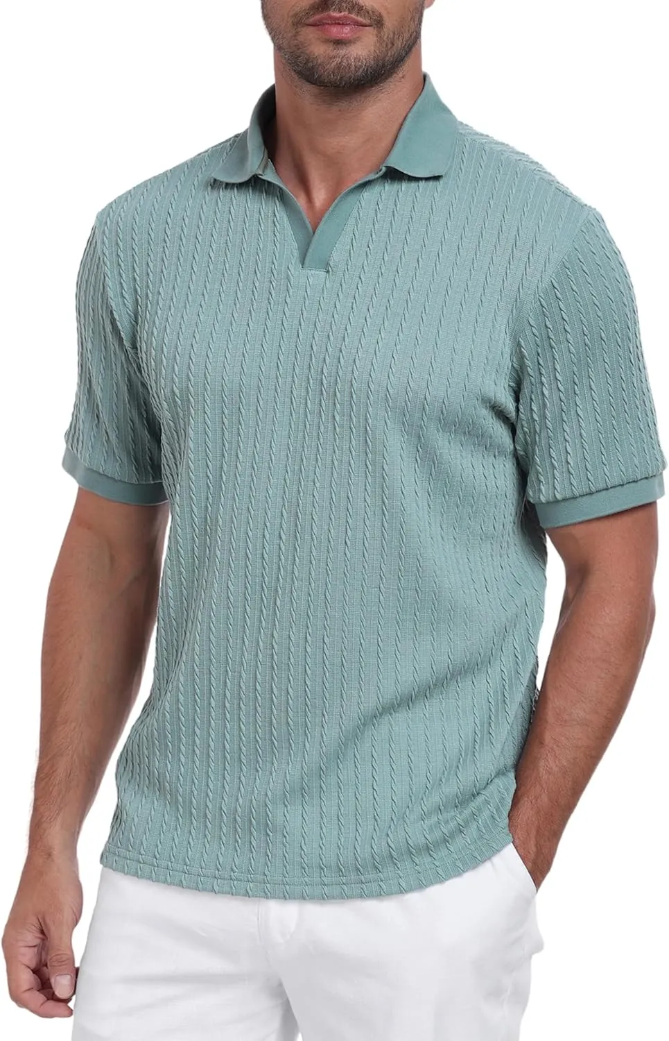 Mens Knit Polo Shirts Casual Stylish V Neck Short Sleeve Sweater Polo Knitted Textured Johnny Collar Tops Fashion 2025
