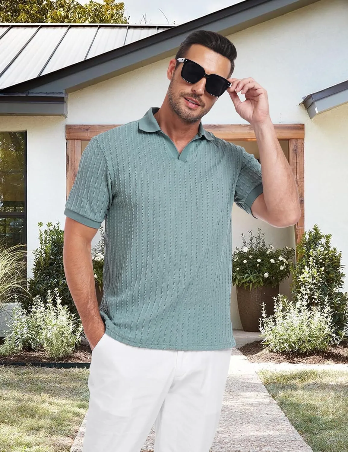 Mens Knit Polo Shirts Casual Stylish V Neck Short Sleeve Sweater Polo Knitted Textured Johnny Collar Tops Fashion 2025