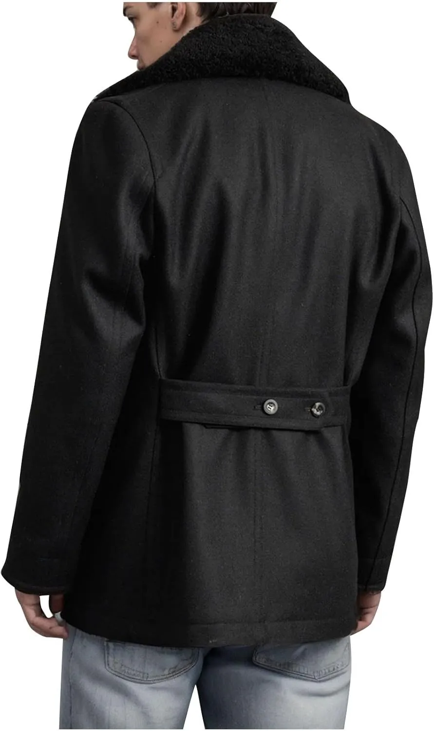 Mens Lapel Double Breasted Trench Coat Winter Warm Business Short Pea Coats Faux Fur Collar Overcoat Open Front Cardigan Coat