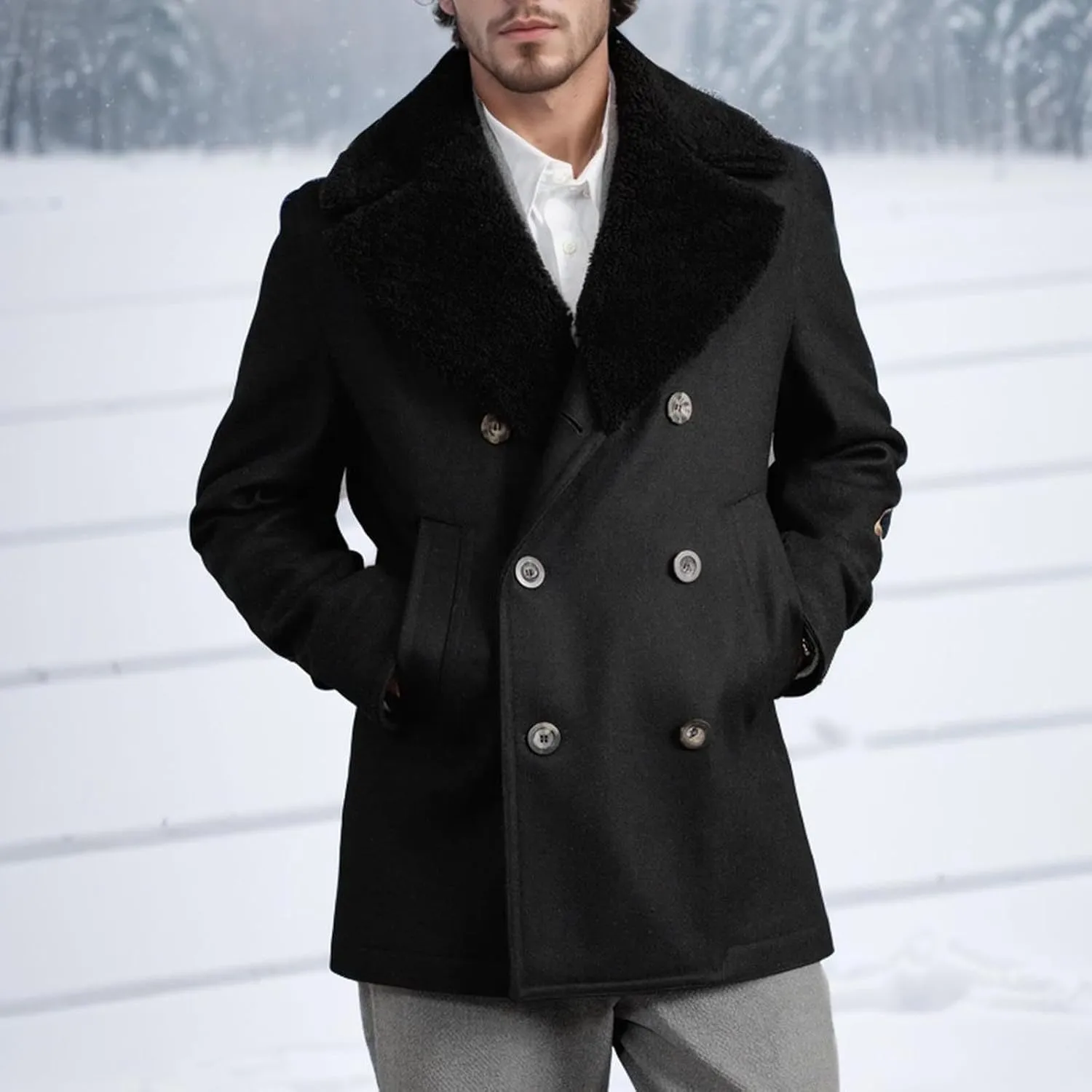 Mens Lapel Double Breasted Trench Coat Winter Warm Business Short Pea Coats Faux Fur Collar Overcoat Open Front Cardigan Coat