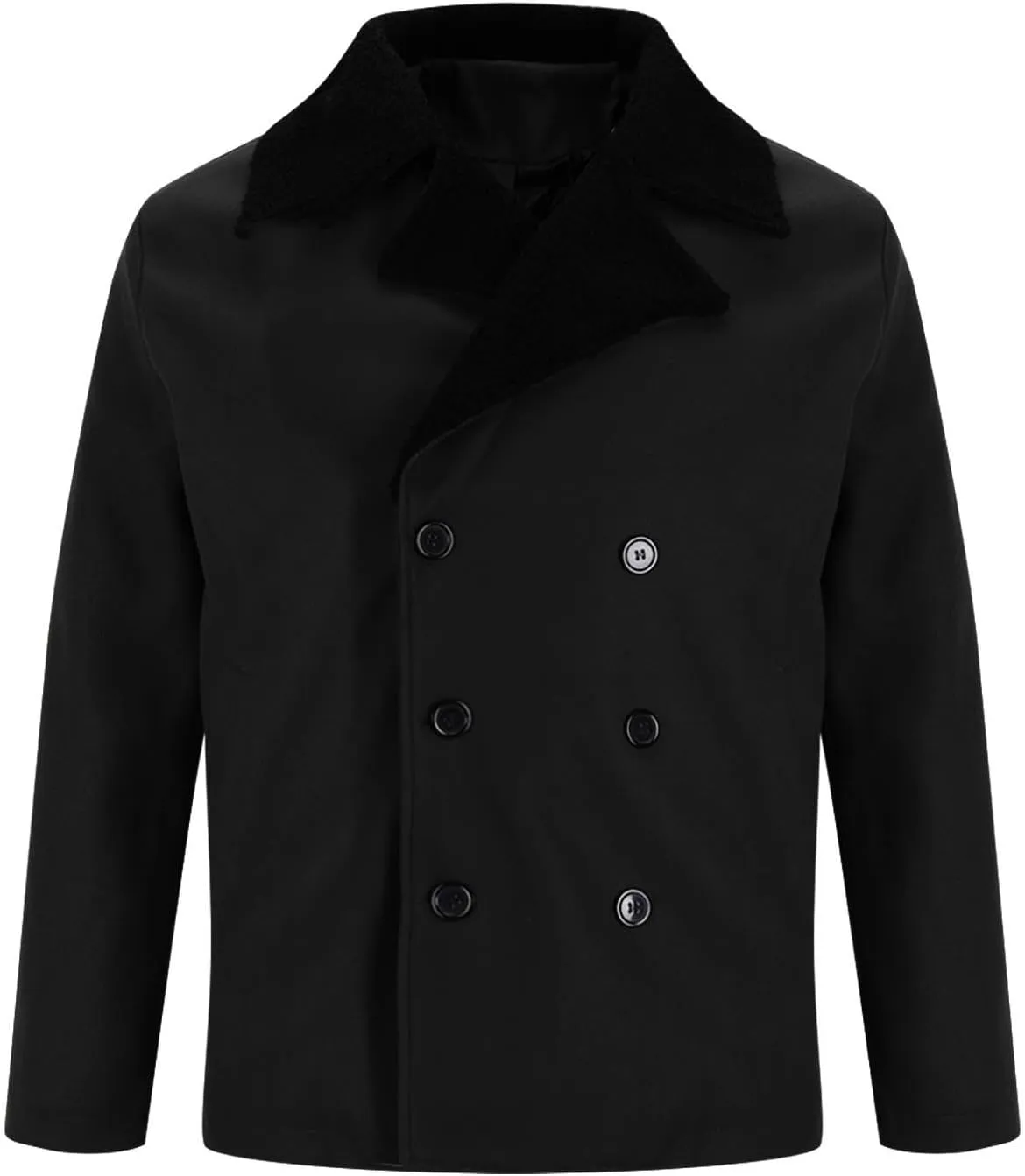 Mens Lapel Double Breasted Trench Coat Winter Warm Business Short Pea Coats Faux Fur Collar Overcoat Open Front Cardigan Coat